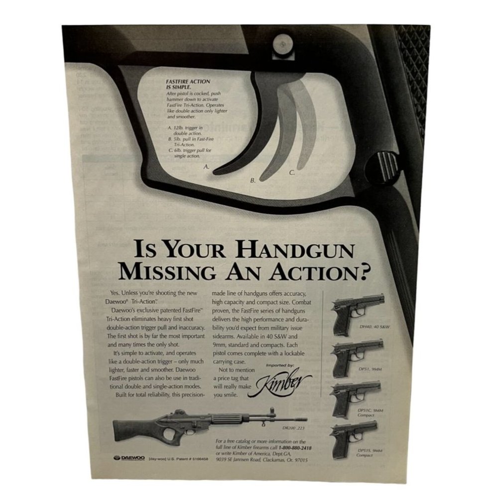 Kimber Daewoo Tri-Action Vintage Print Ad 1995 Handgun Missing in Action
